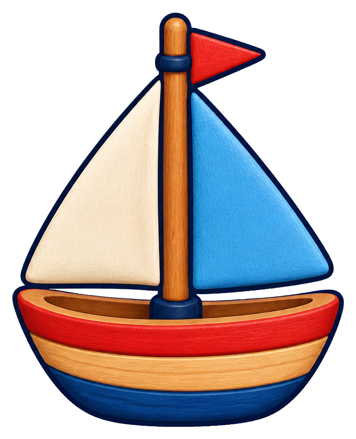 Colorful striped sailboat toy with blue sail and red flag