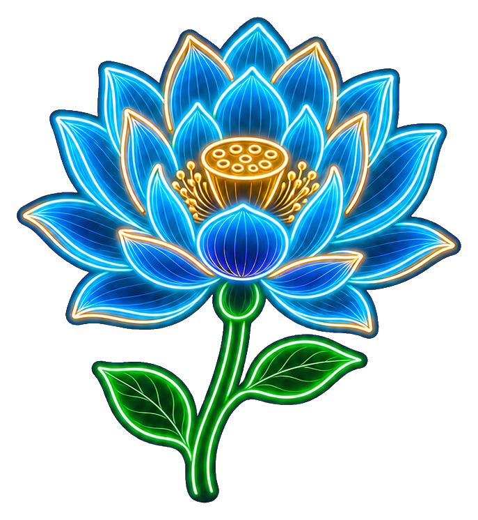 Neon cyan and gold lotus flower sticker with glowing leaves and petals