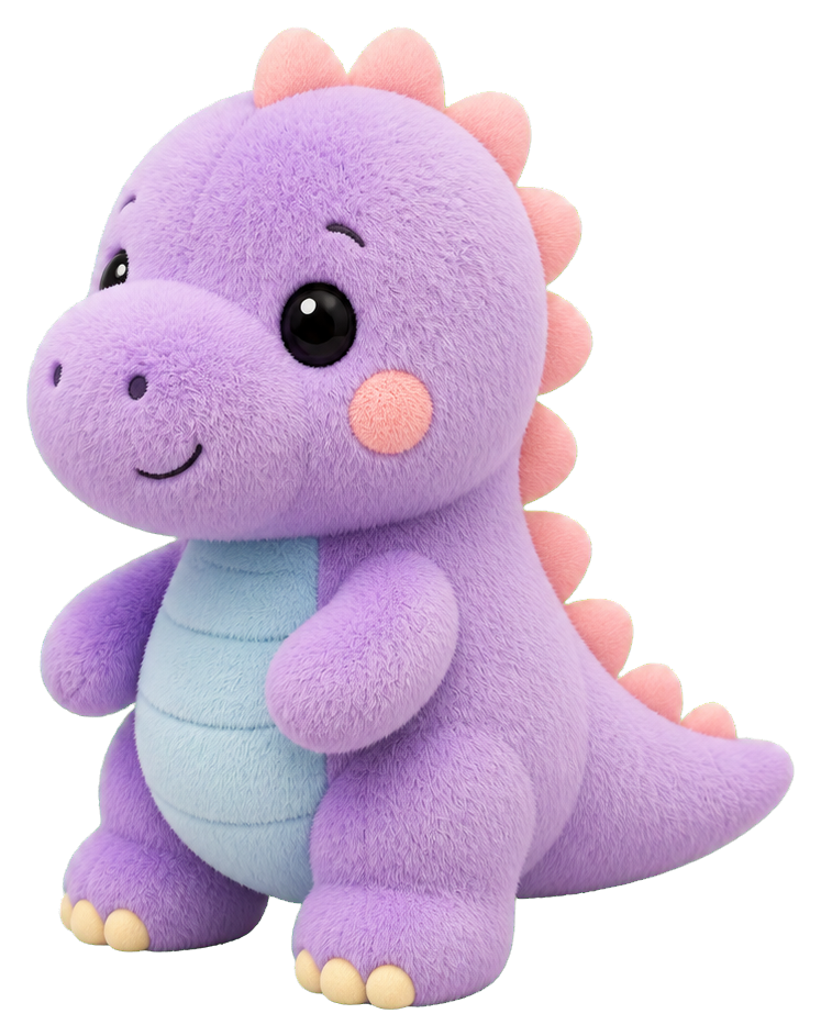 Cute purple plush dinosaur with a light blue belly and small pink spikes.