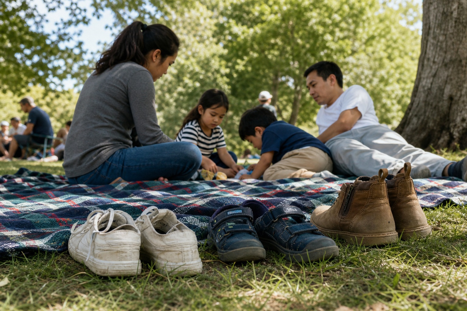 Family sitting on a blanket in a park with shoes in the foreground