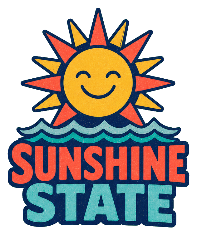 Smiling sun above waves with the words Sunshine State in bold retro lettering