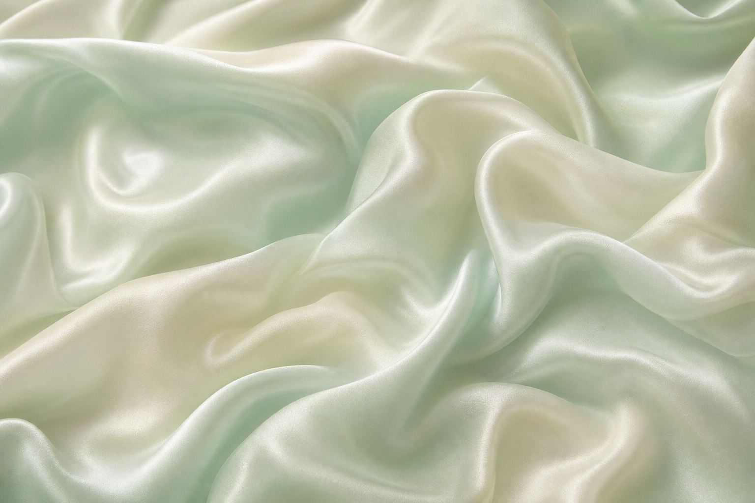 Soft mint cream silk folds with cloudlike waves and a glossy fabric texture.