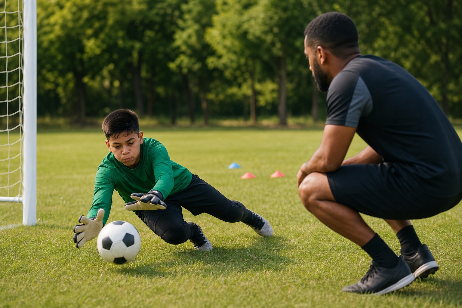 Coach crouching beside a young goalkeeper making a save on a grass field.