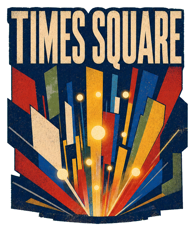 Retro illustrated Times Square text with colorful rays and glowing city lights