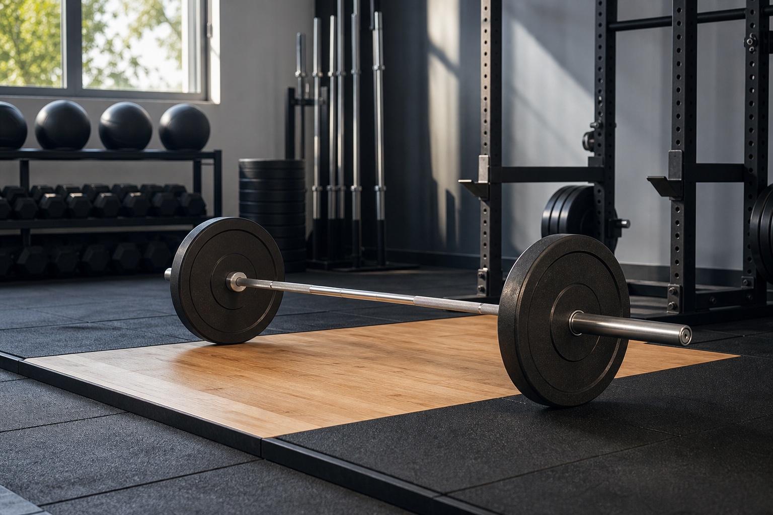Barbell resting on a wooden lifting platform inside a modern gym studio.