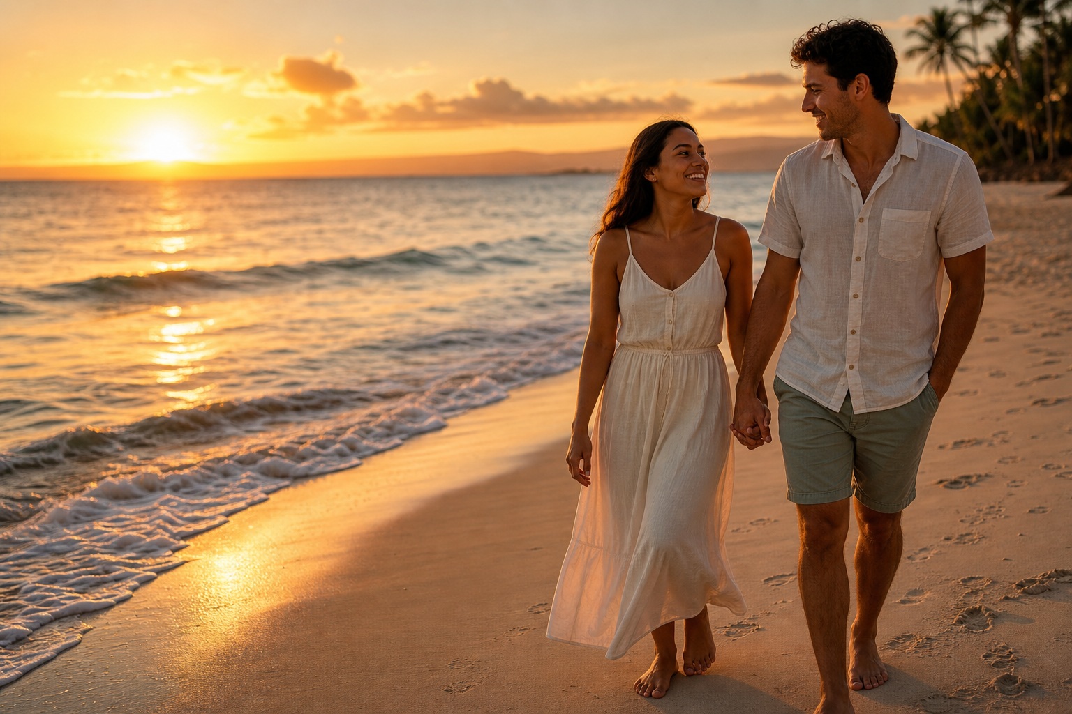 Couple walking hand in hand along a beach at sunset near the waterline