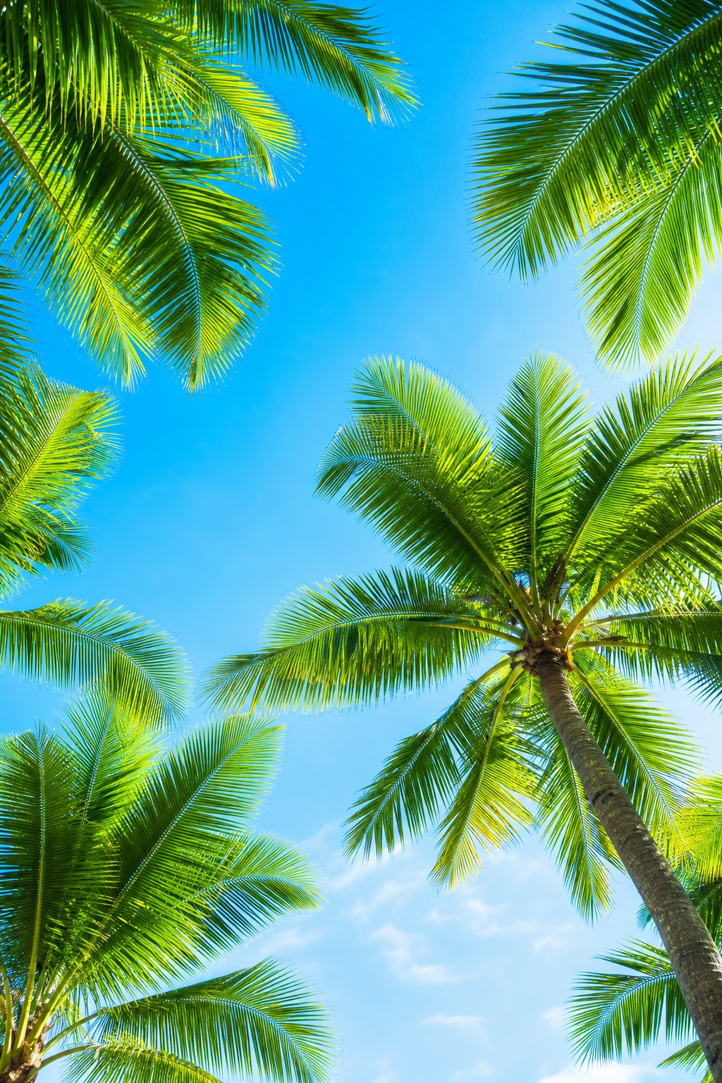 Palm trees framing a bright blue sky with a few soft clouds.