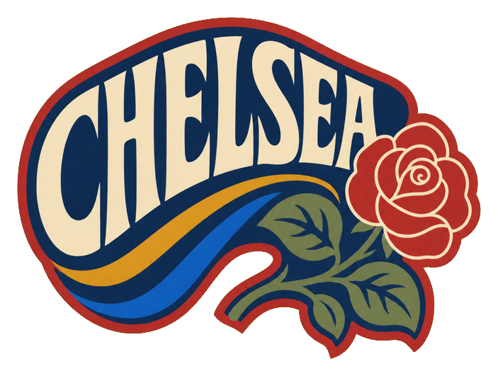 Retro Chelsea text sticker with a flower and blue and orange decorative waves