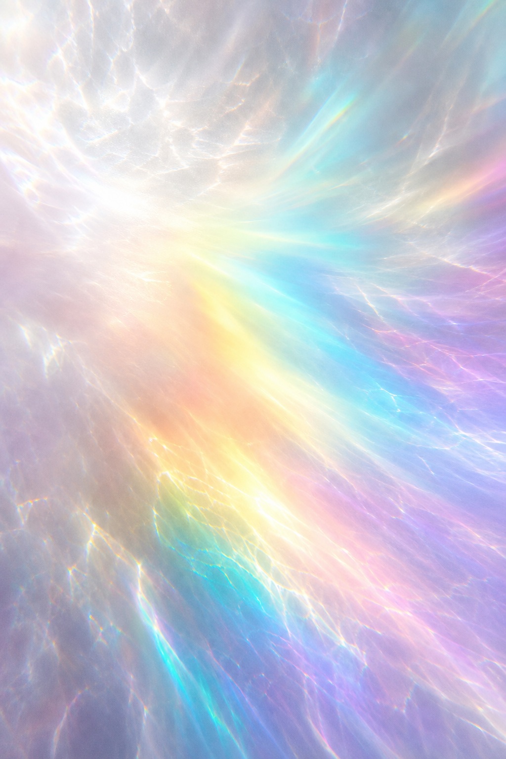 Soft white background with rainbow prism light and feathered color streaks