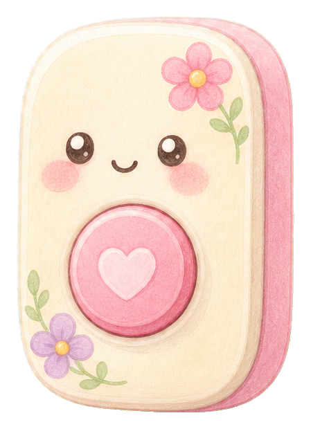 Cute kawaii doorbell with pink button, blush cheeks, and small flower decorations
