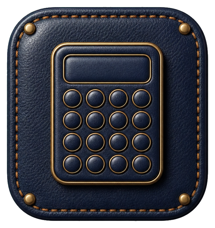 Dark leather square sticker with a gold-outlined calculator icon and stitched edges.