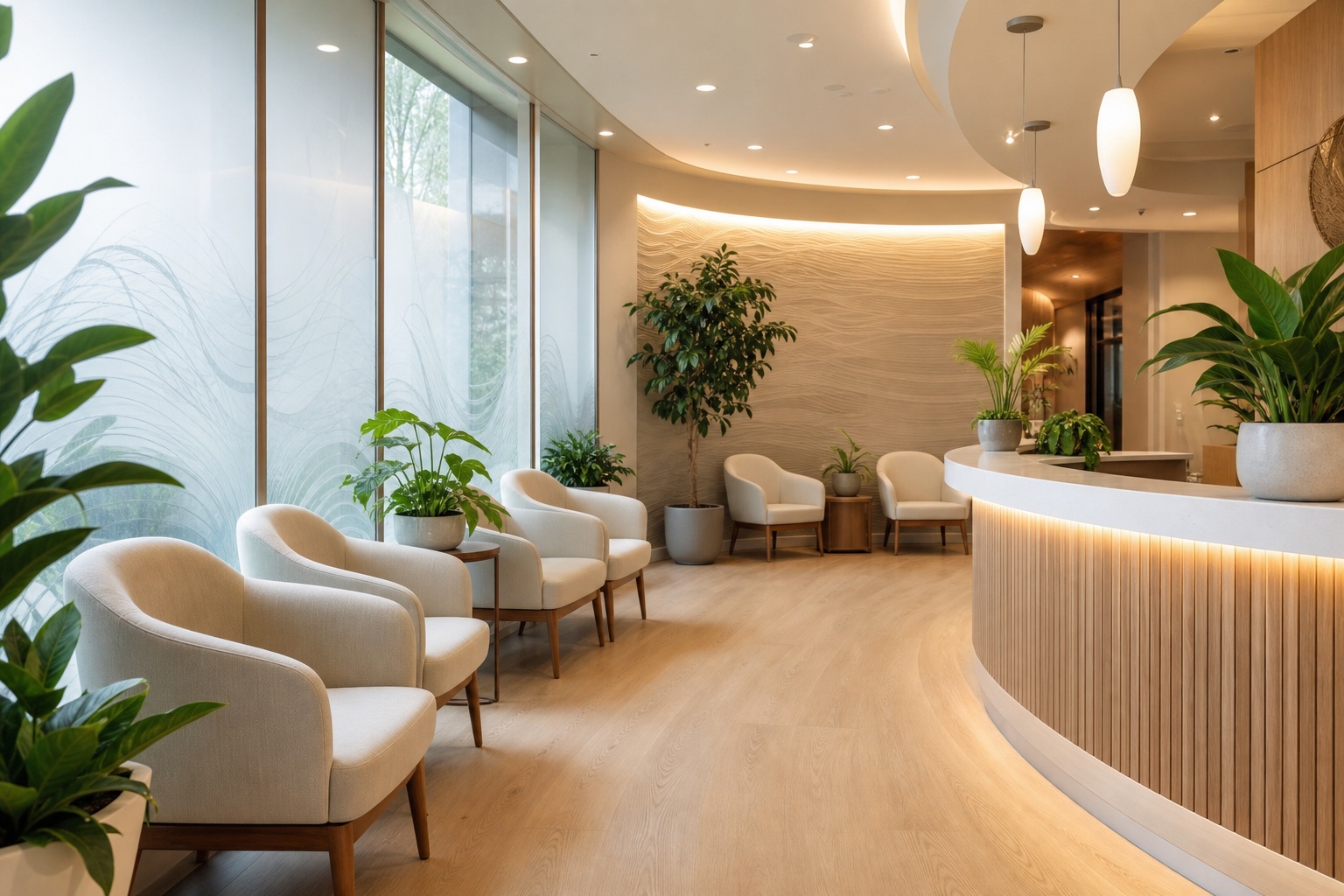 Bright dental reception with curved desk, lounge chairs, plants, and warm wood accents