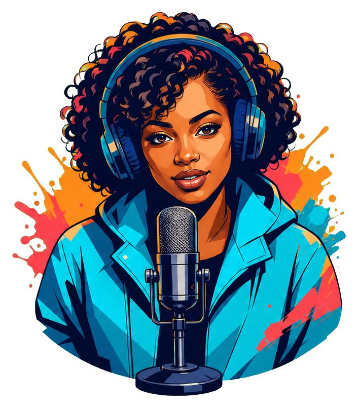 Colorful illustrated woman wearing headphones behind a studio microphone