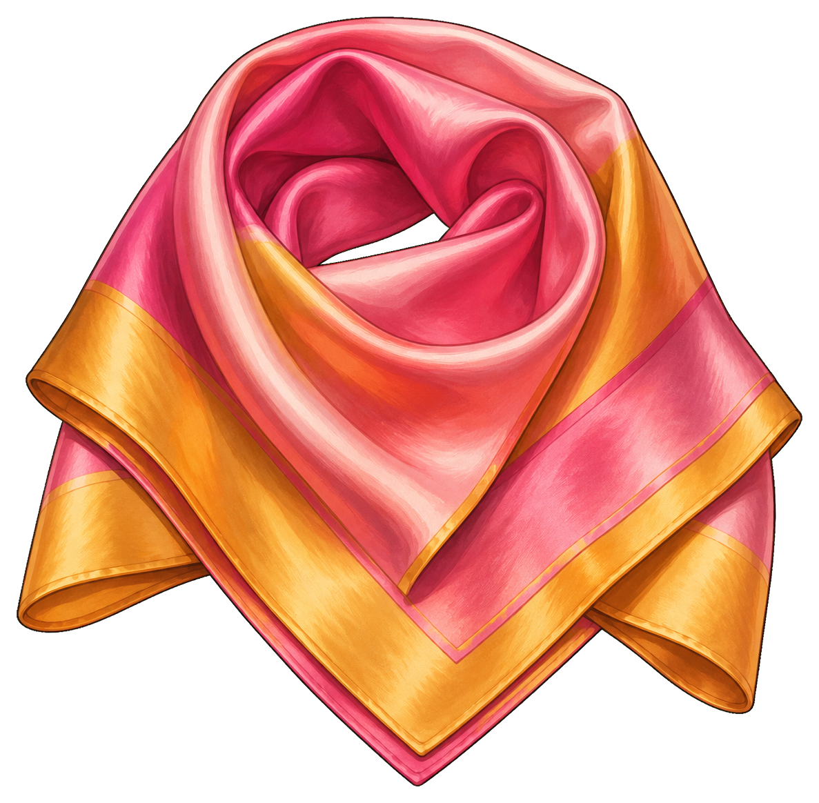 Pink and gold silk scarf tied in a soft folded square shape