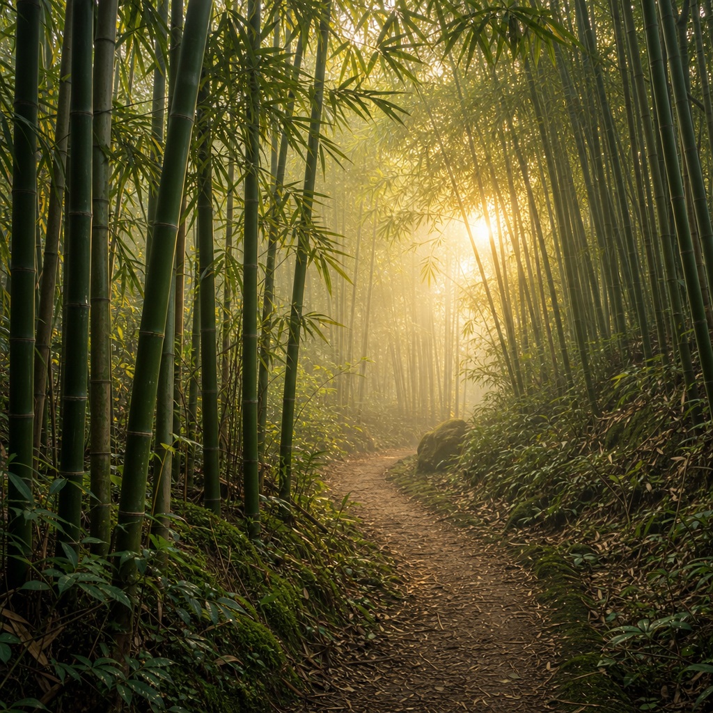 A curving dirt path through a misty bamboo forest at dawn with soft sunlight.