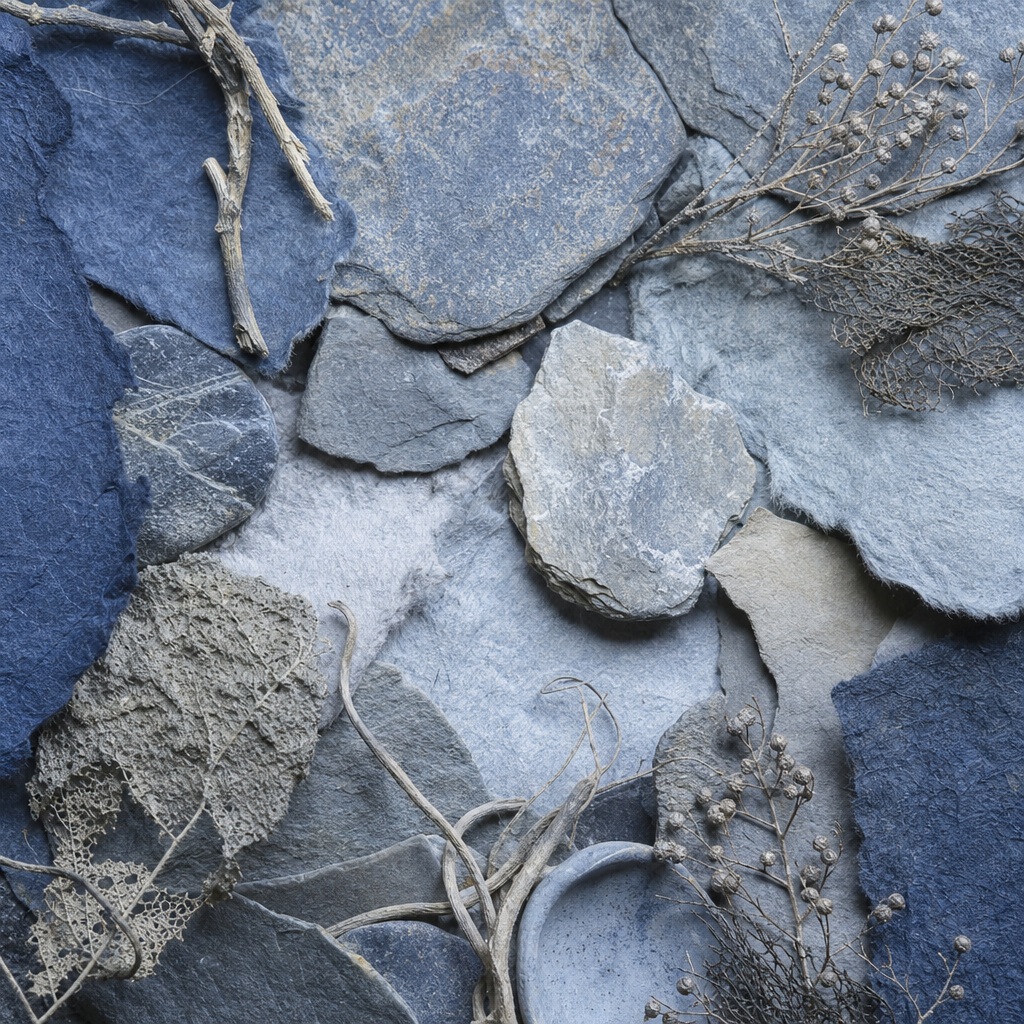 Overlapping blue and gray paper stones with dried stems arranged in a still life composition