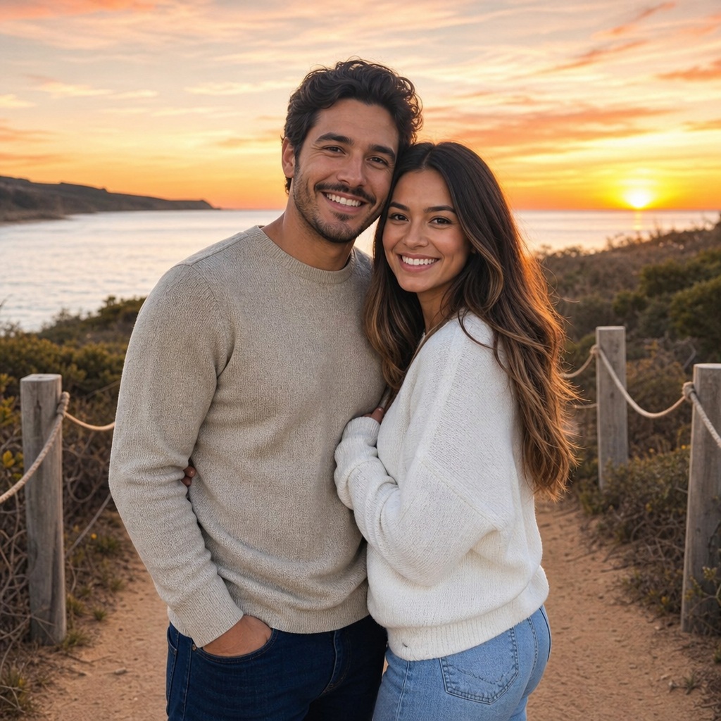 Smiling couple standing together on a beach at sunset with water behind them