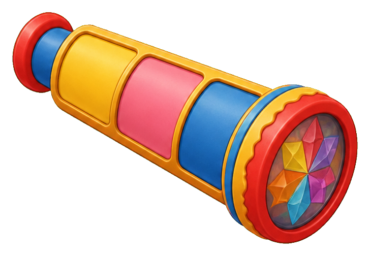 Colorful toy kaleidoscope with orange, yellow, pink, and blue sections