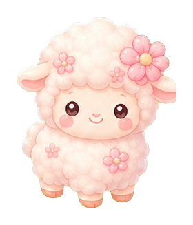 Cute fluffy sheep with pink flowers and a soft pastel kawaii style