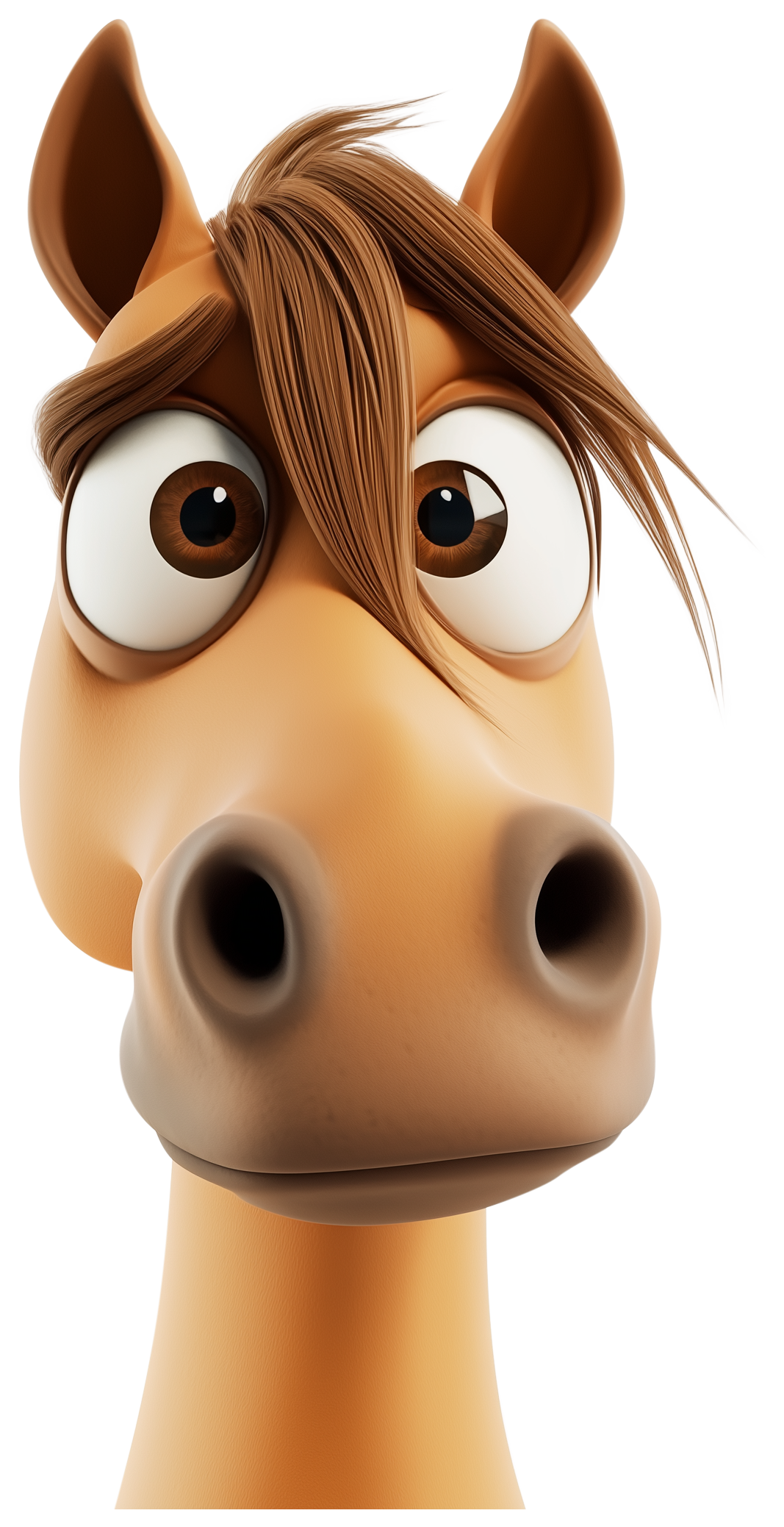 Cute 3D cartoon horse head emoji with big eyes and upright ears