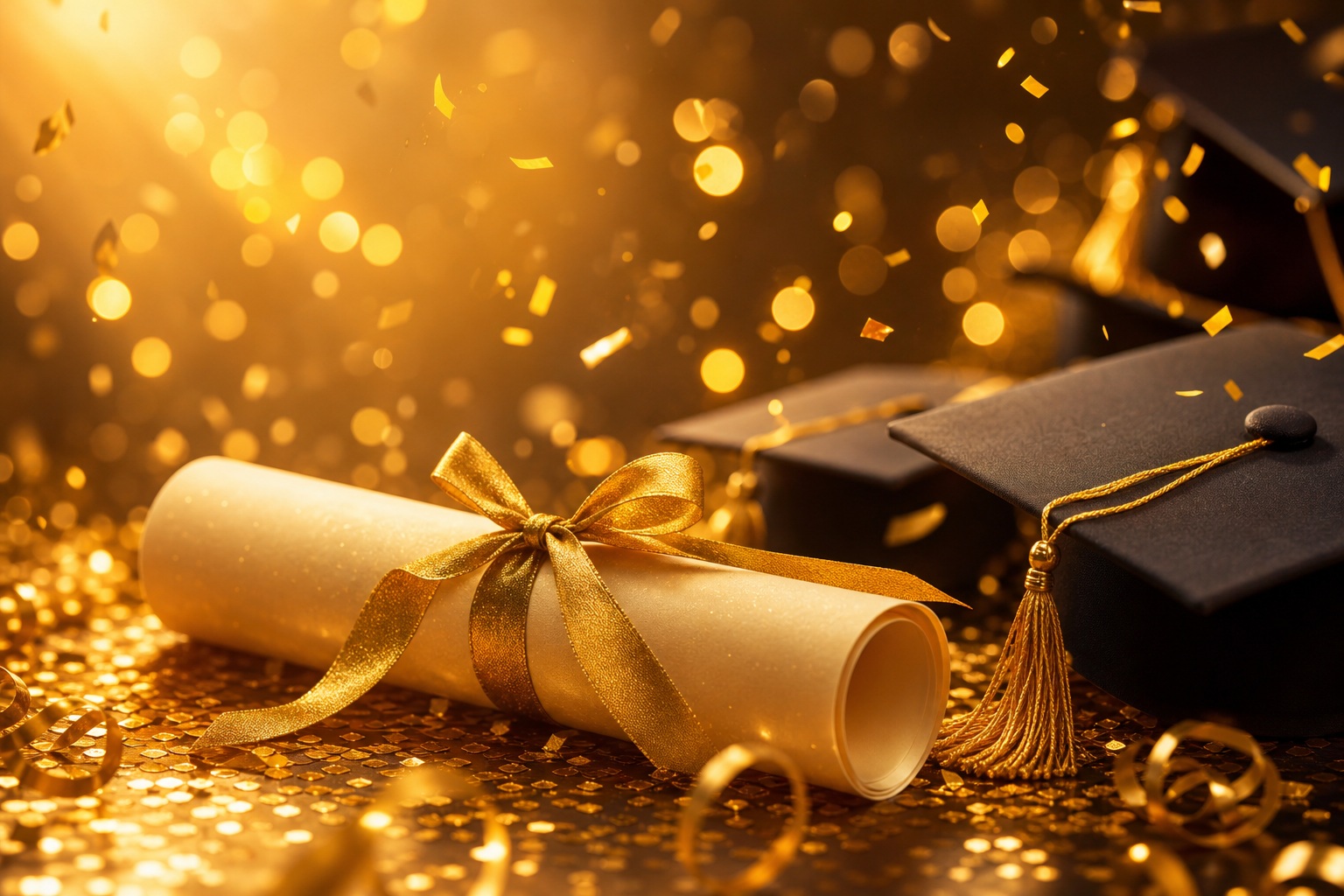 Graduation cap and diploma on a gold bokeh celebration background