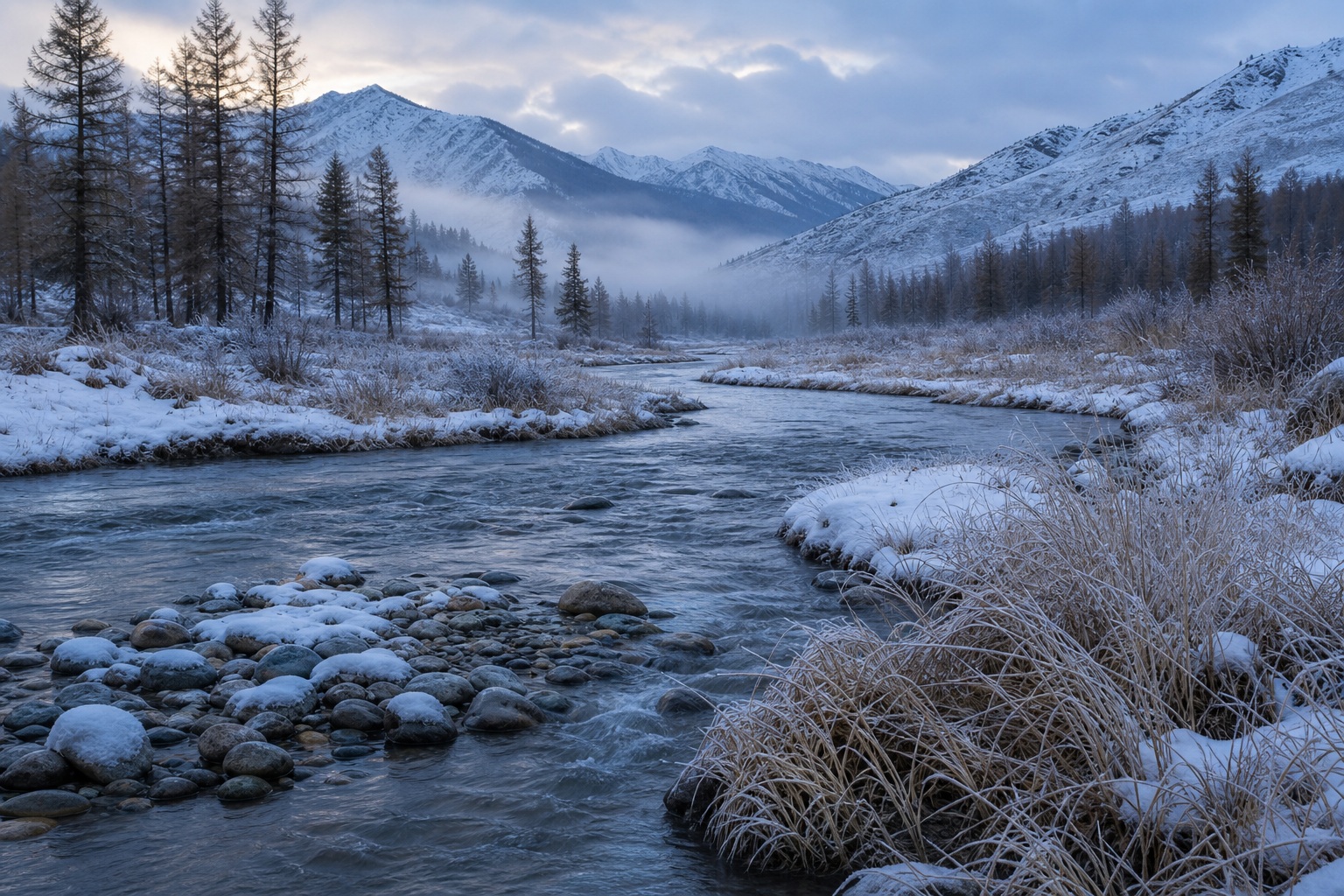 Snowy river valley with misty mountains, frozen grass, and blue winter light.