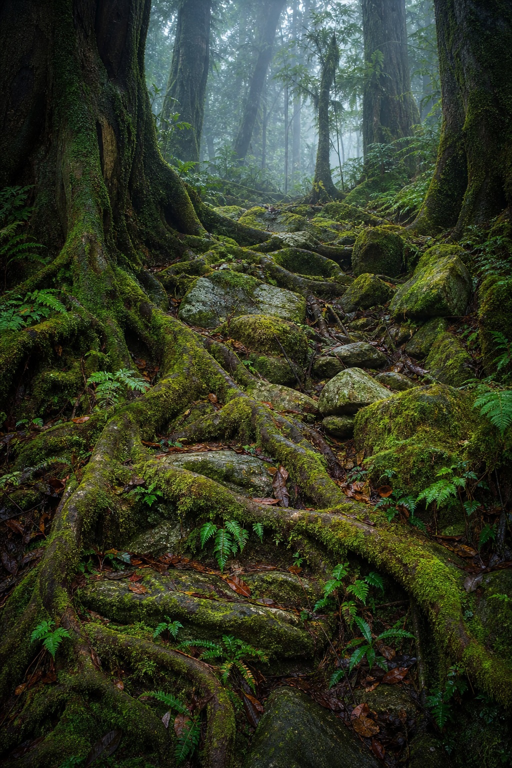 Misty forest floor with tangled moss-covered roots and tall trees