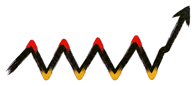 Jagged ink-style volatility chart line in black, yellow, and orange with an upward finish