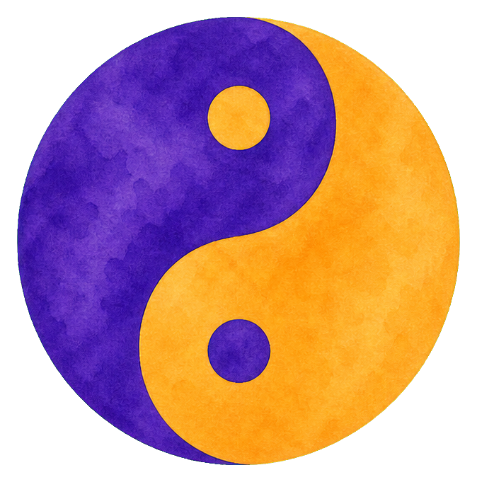 Watercolor yin yang symbol with purple and yellow halves and matching dots