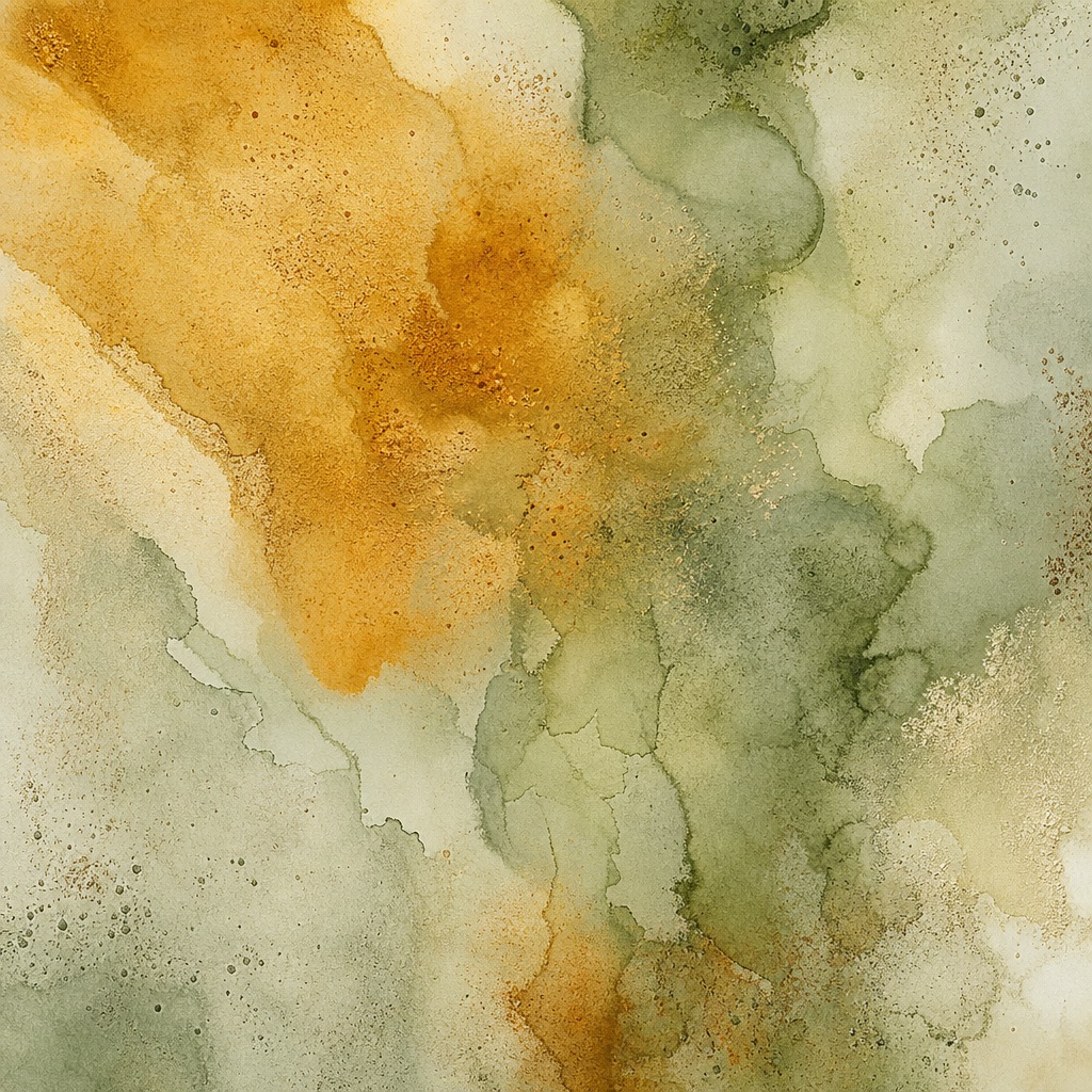 Soft abstract watercolor wash with earthy gold, green, and beige mineral tones
