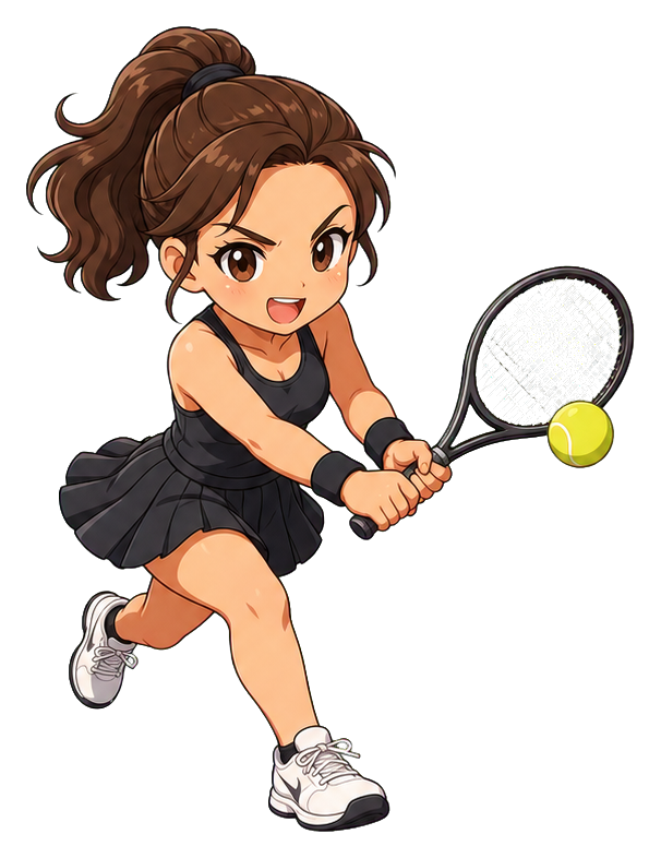 Kawaii tennis player swinging a racket toward a yellow ball