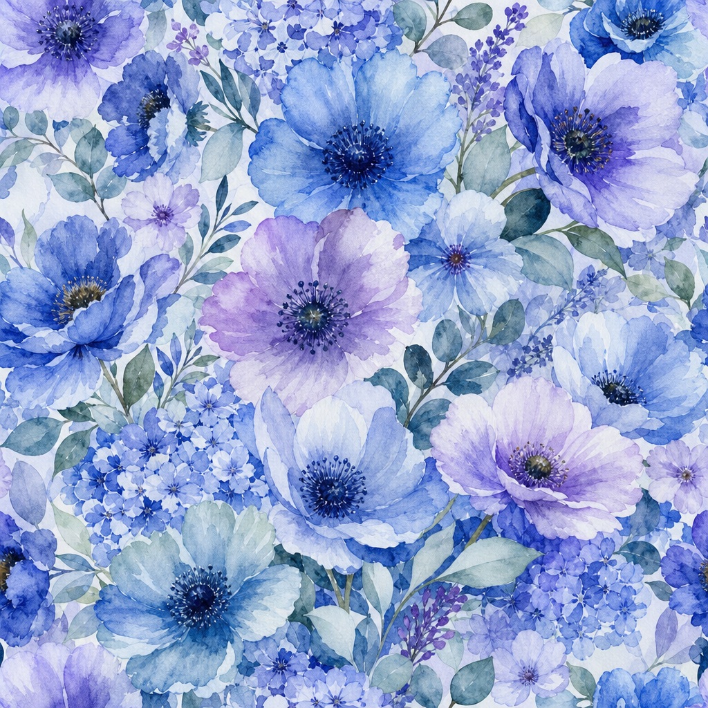 Blue and lavender watercolor flowers with botanical leaves in a square pattern.