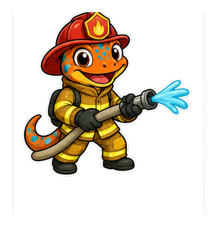 Cartoon lizard in firefighter gear holding a hose with water spraying