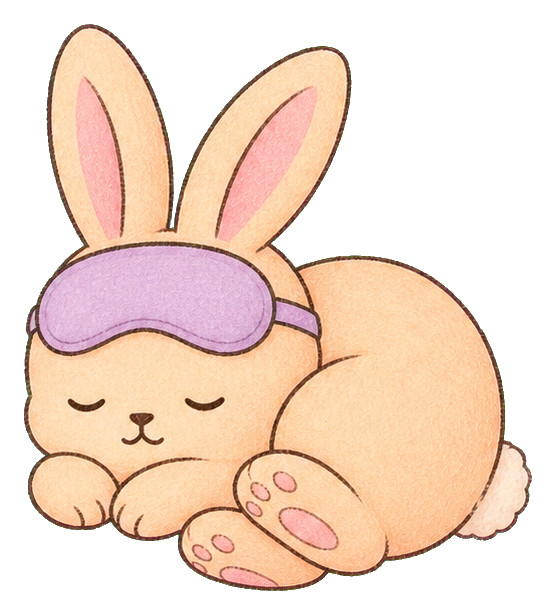 Cute sleeping rabbit wearing a purple sleep mask, curled up with eyes closed.