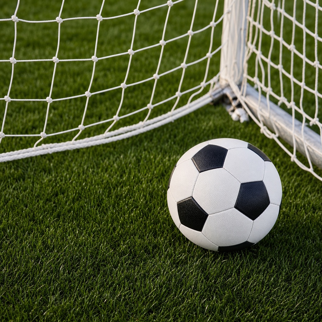 Soccer ball resting on green turf next to a white goal net