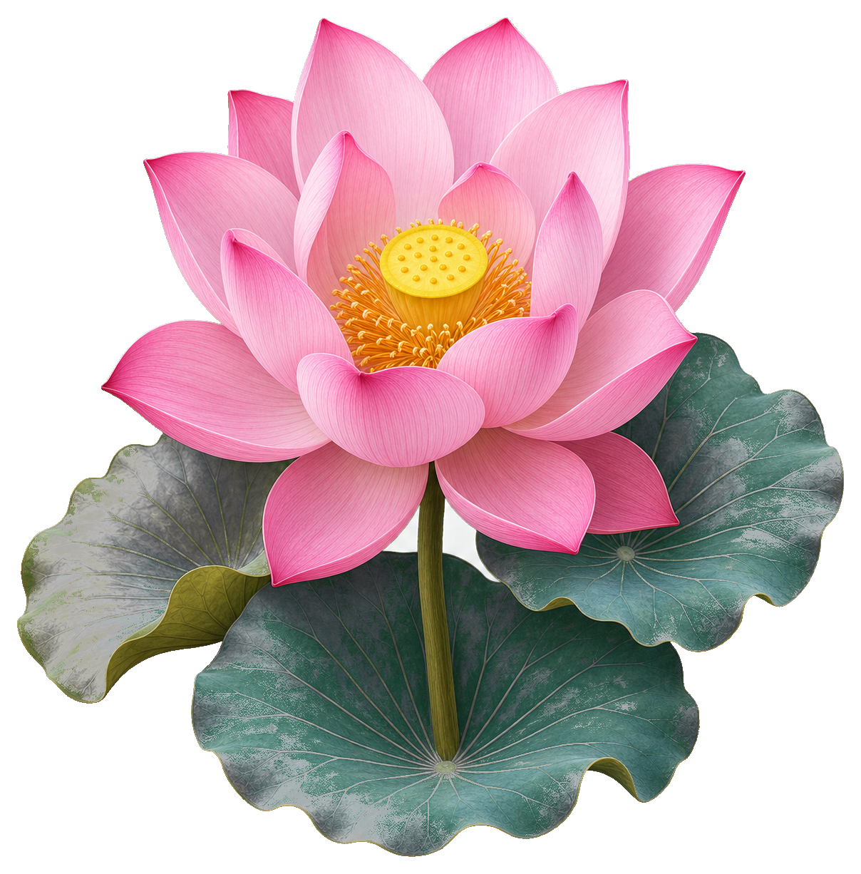 Pink lotus flower sticker with green leaves on a transparent background