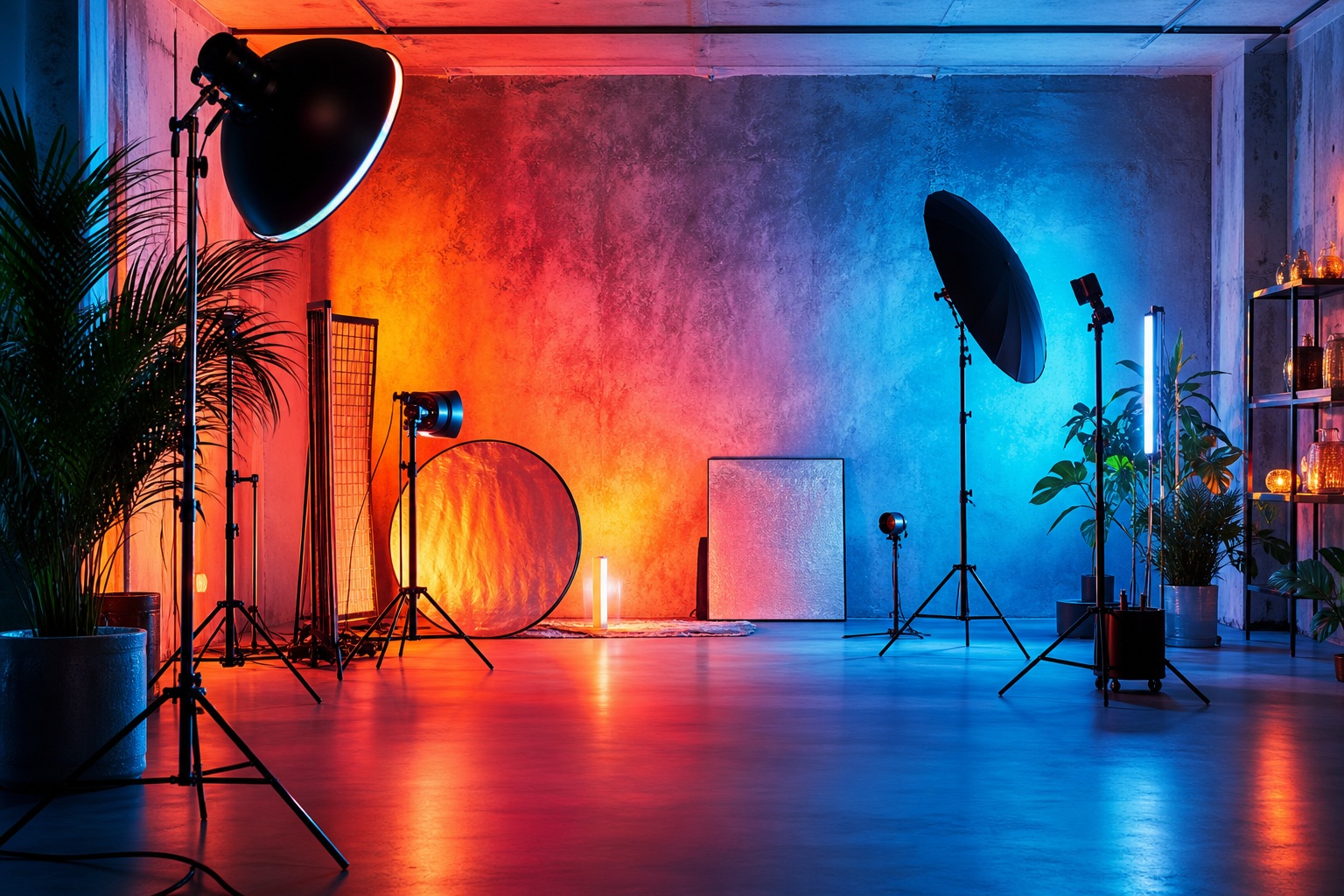 Empty modern studio set with colorful blue and red lights and photography equipment.