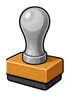 A black rubber stamp with a wooden base on a white background.