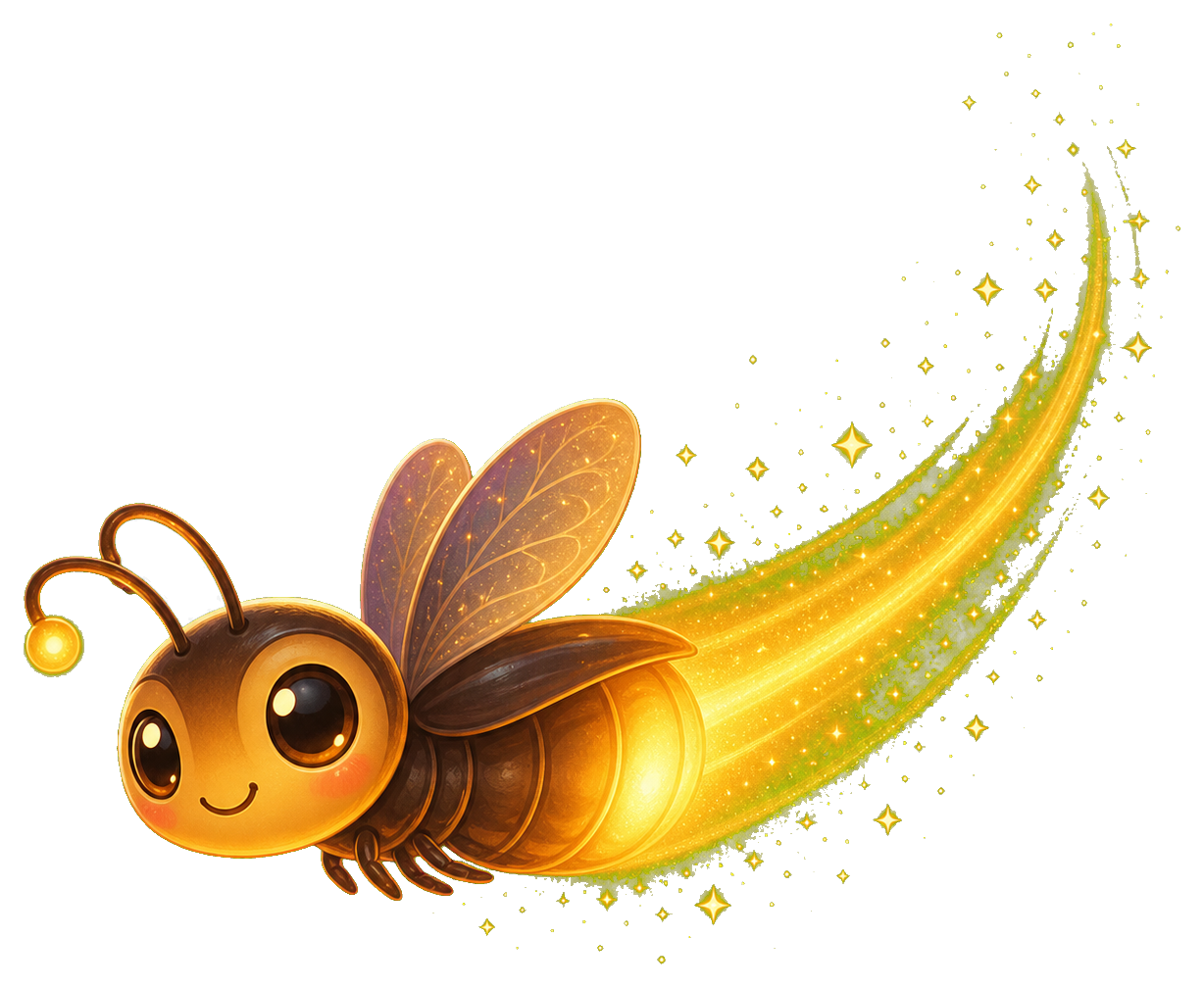 Cute glowing firefly with amber wings and a sparkling comet-like trail.