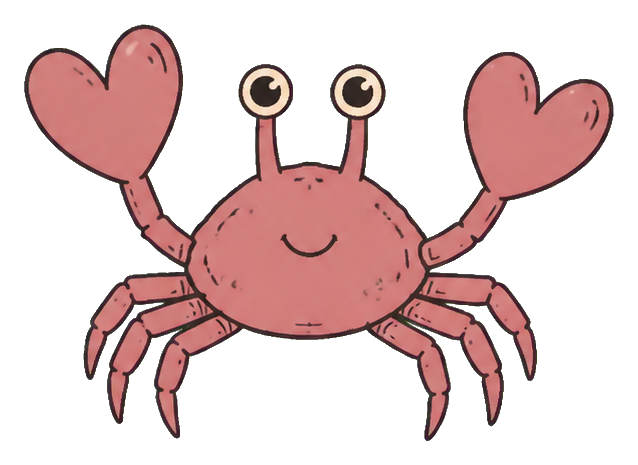 Pink crab-like alien with heart-shaped claws and eye stalks, smiling in a cute style.