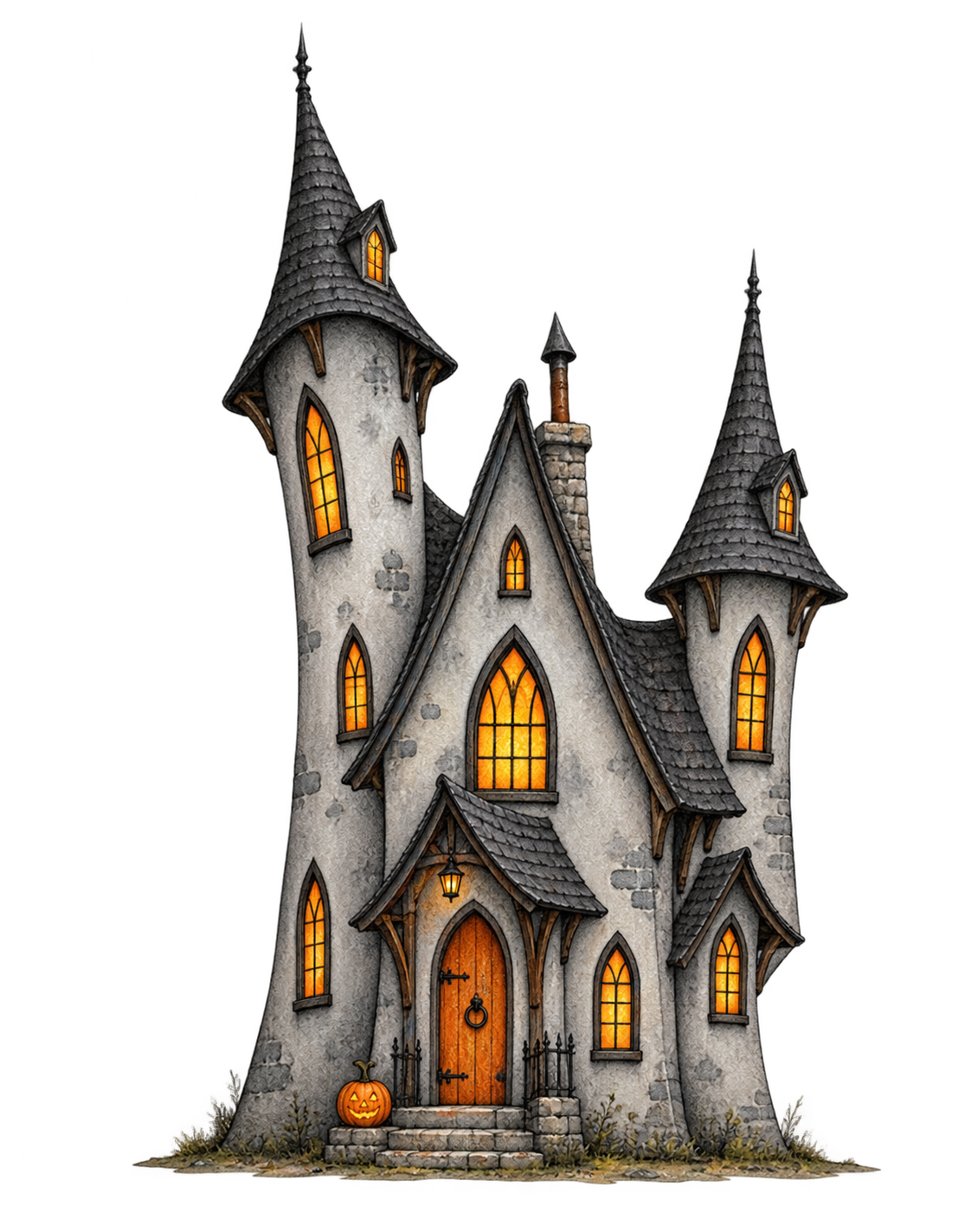 Preview for Whimsical Gray Haunted House With Amber Windows In Watercolor