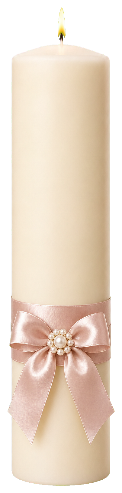 Cream unity candle with a satin bow and pearl centerpiece