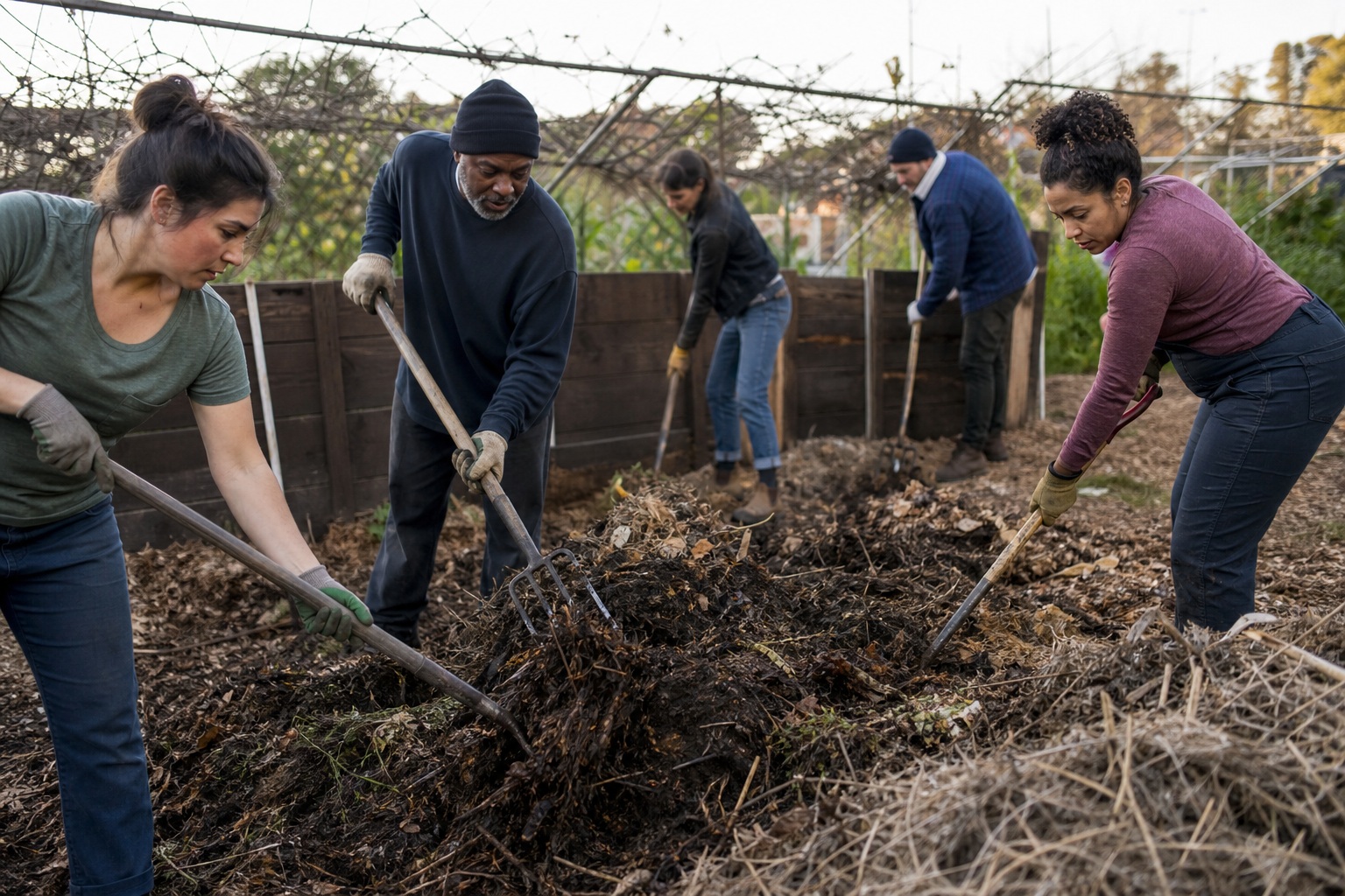 Volunteers turning a compost pile in a community garden outdoors