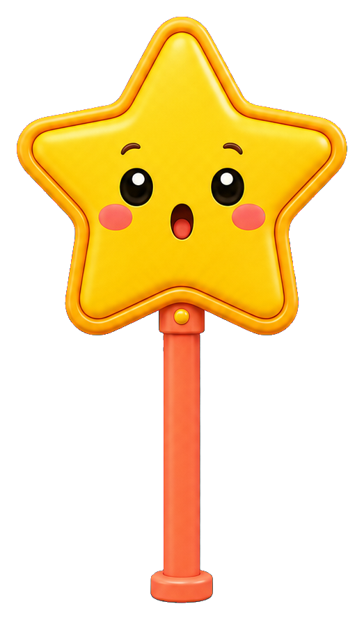 Cute yellow star warning sign on a pink-orange pole with a surprised face