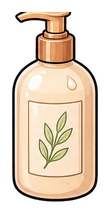 Illustrated lotion bottle with a pump top and a leafy label design.