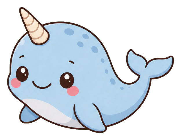 Cute pastel blue narwhal sticker with a smiling face and tiny horn.