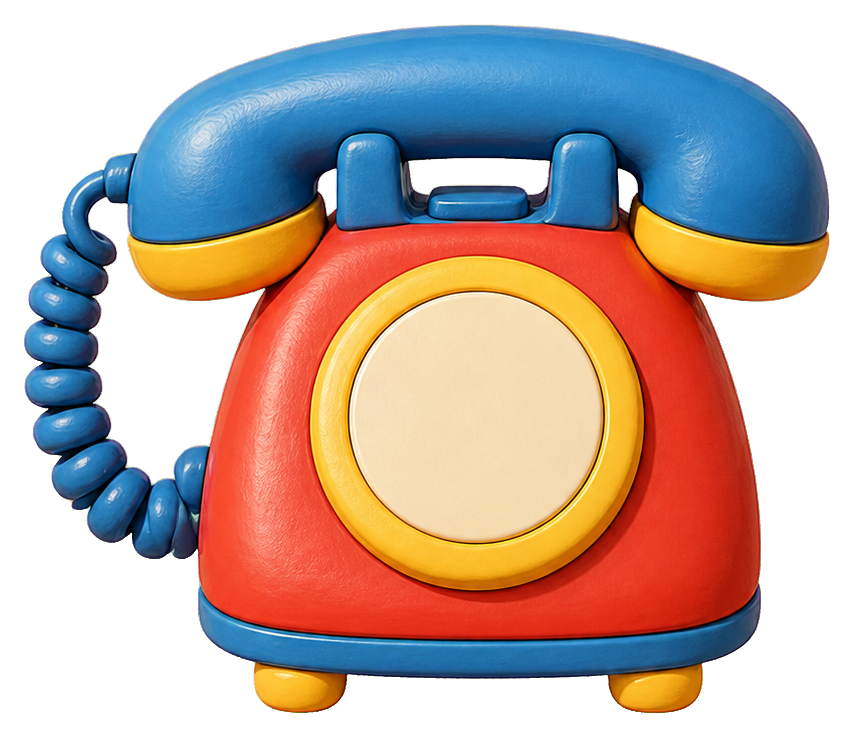 Colorful toy telephone sticker with blue handset, red body, and yellow buttons