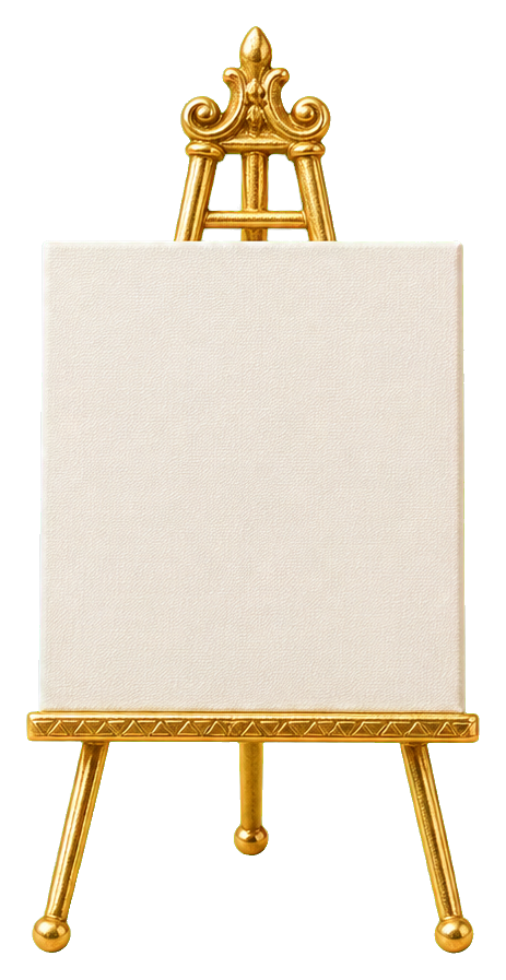 Gold miniature easel holding a blank cream canvas with ornate top details.
