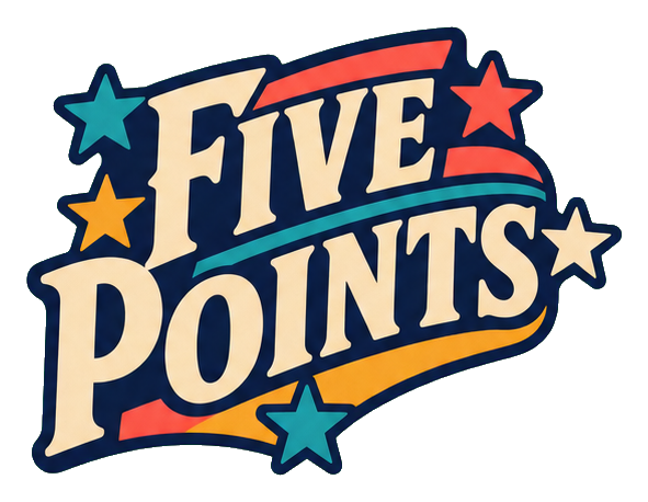 Retro sticker reading Five Points with colorful stars around the text