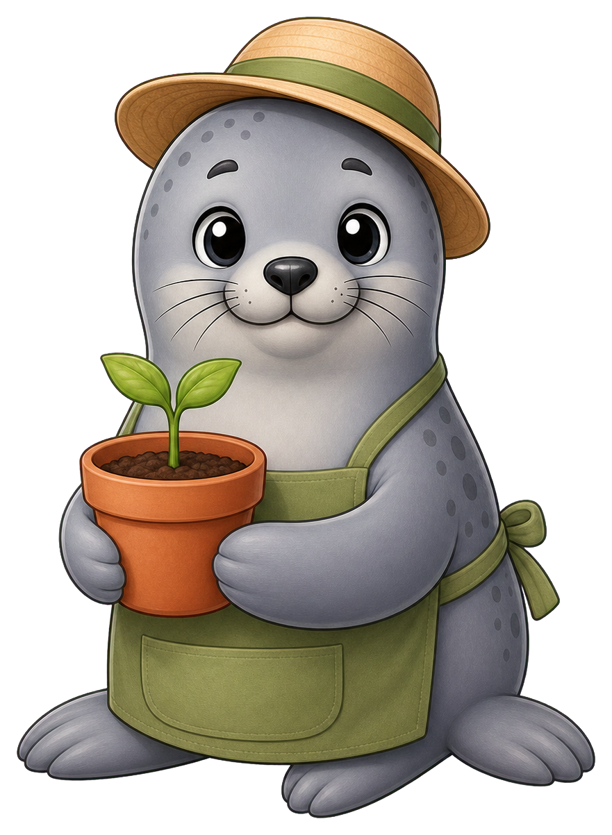Cute seal wearing a hat and apron, holding a small potted plant.